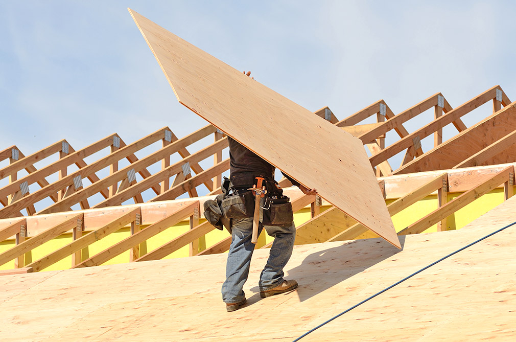 Contractor placing a sheet of plywood on a roof