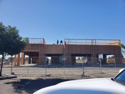 View in the distance of commercial building under construction