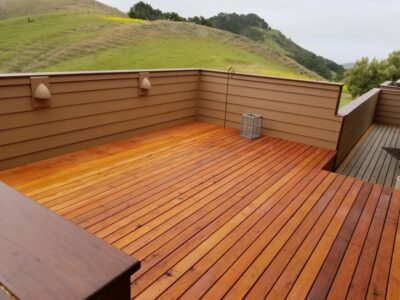 Beautiful deck with green hills in the background