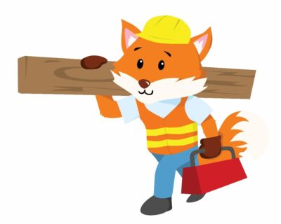 Cartoon fox dressed in construction gear and a hard hat carrying a board