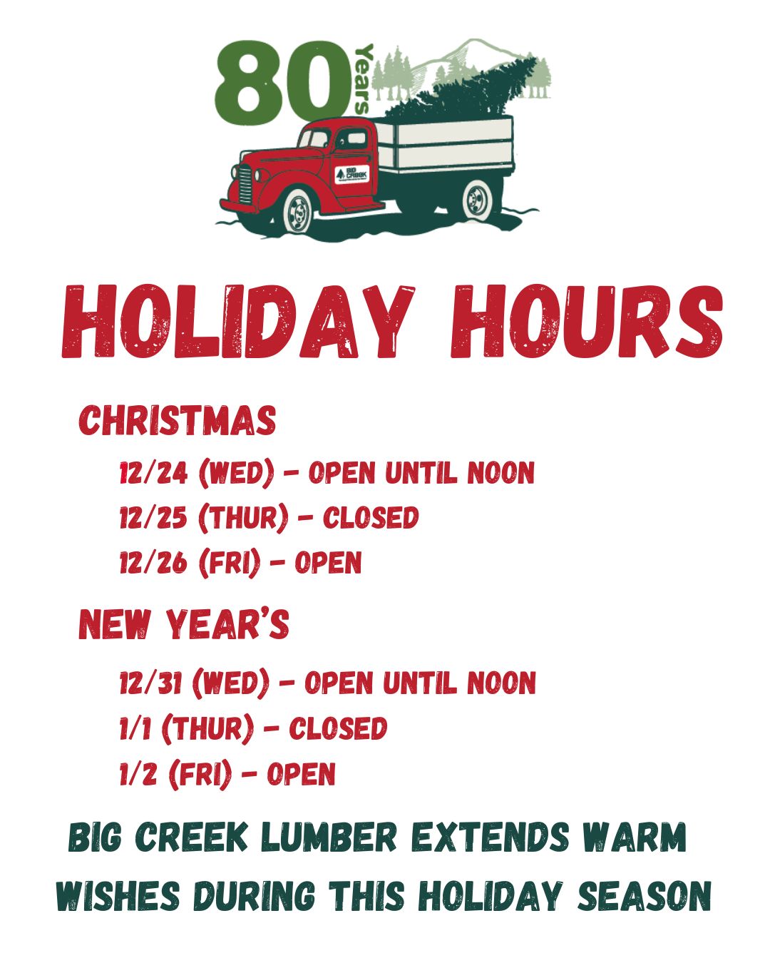 Holiday hours sign with a truck with a christmas tree in it