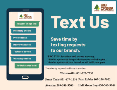 Information on texting your order to big creek