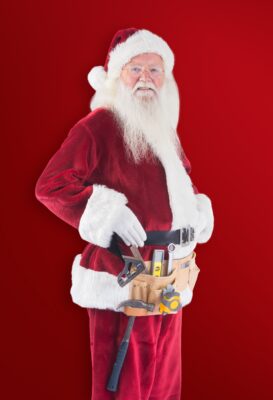 santa claus wearing a construction tool belt