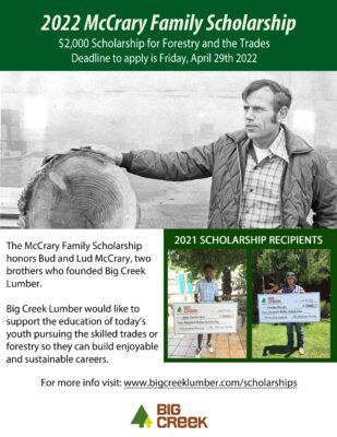 scholarship poster with old photo of man with log and photos of the 2021 scholarship recipients